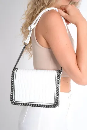 White Quilted Chain Trim Handbag - Destani