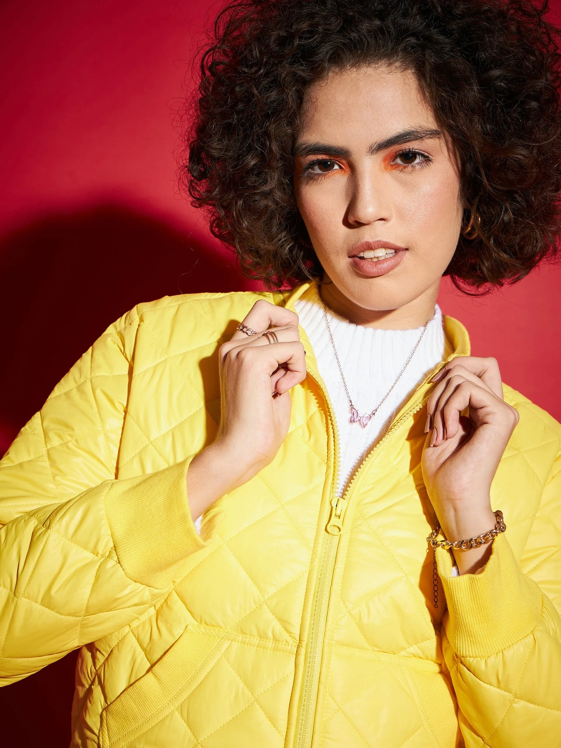 Women Yellow Diamond Quilted Bomber Jacket