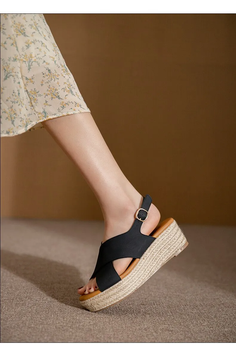 Women's Summer Solid Pattern Open Round Toe Buckle High Heel Wedges