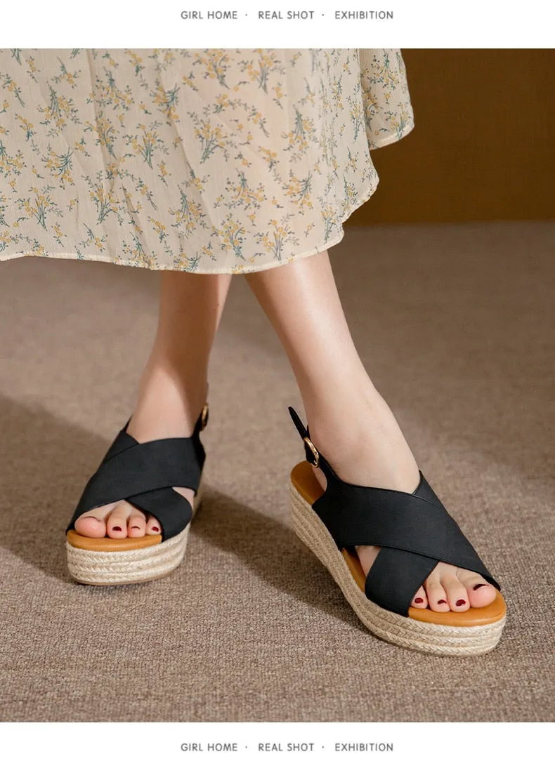 Women's Summer Solid Pattern Open Round Toe Buckle High Heel Wedges