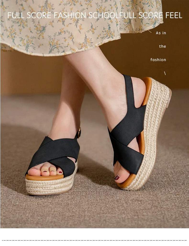 Women's Summer Solid Pattern Open Round Toe Buckle High Heel Wedges