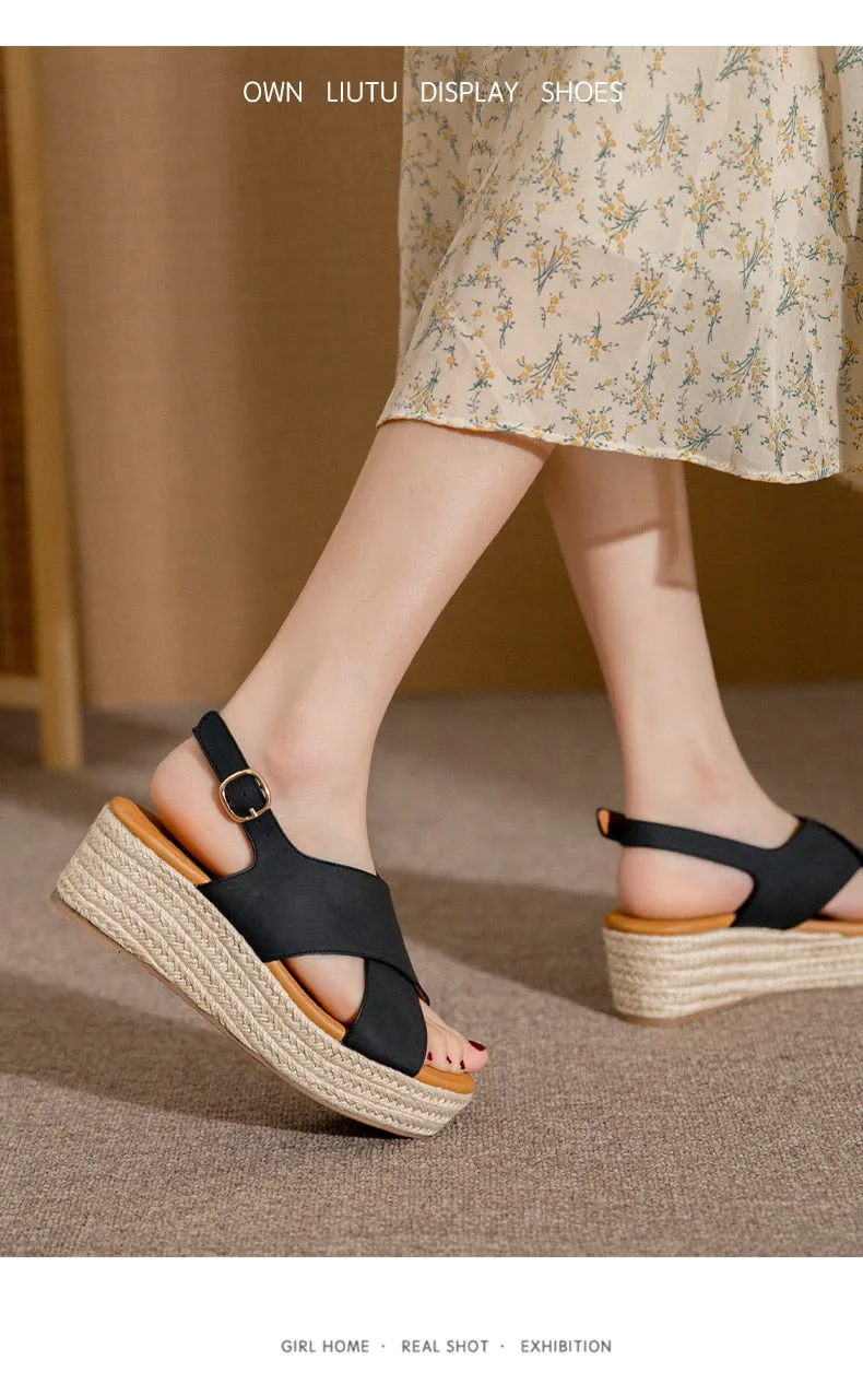 Women's Summer Solid Pattern Open Round Toe Buckle High Heel Wedges