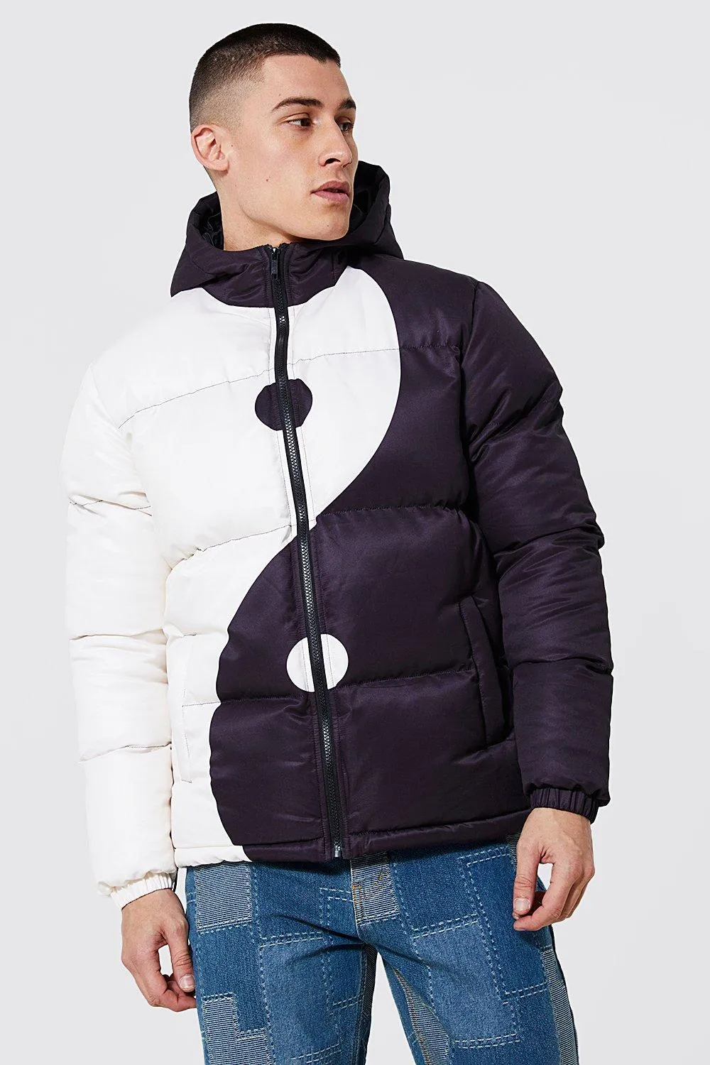 Yin Yang Printted Hooded Puffer | boohooMAN UK