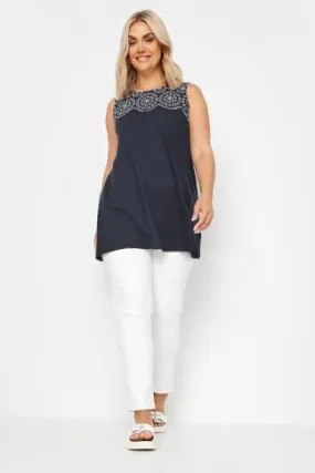 YOURS Curve Navy Blue Broderie Anglaise Detail Vest Top