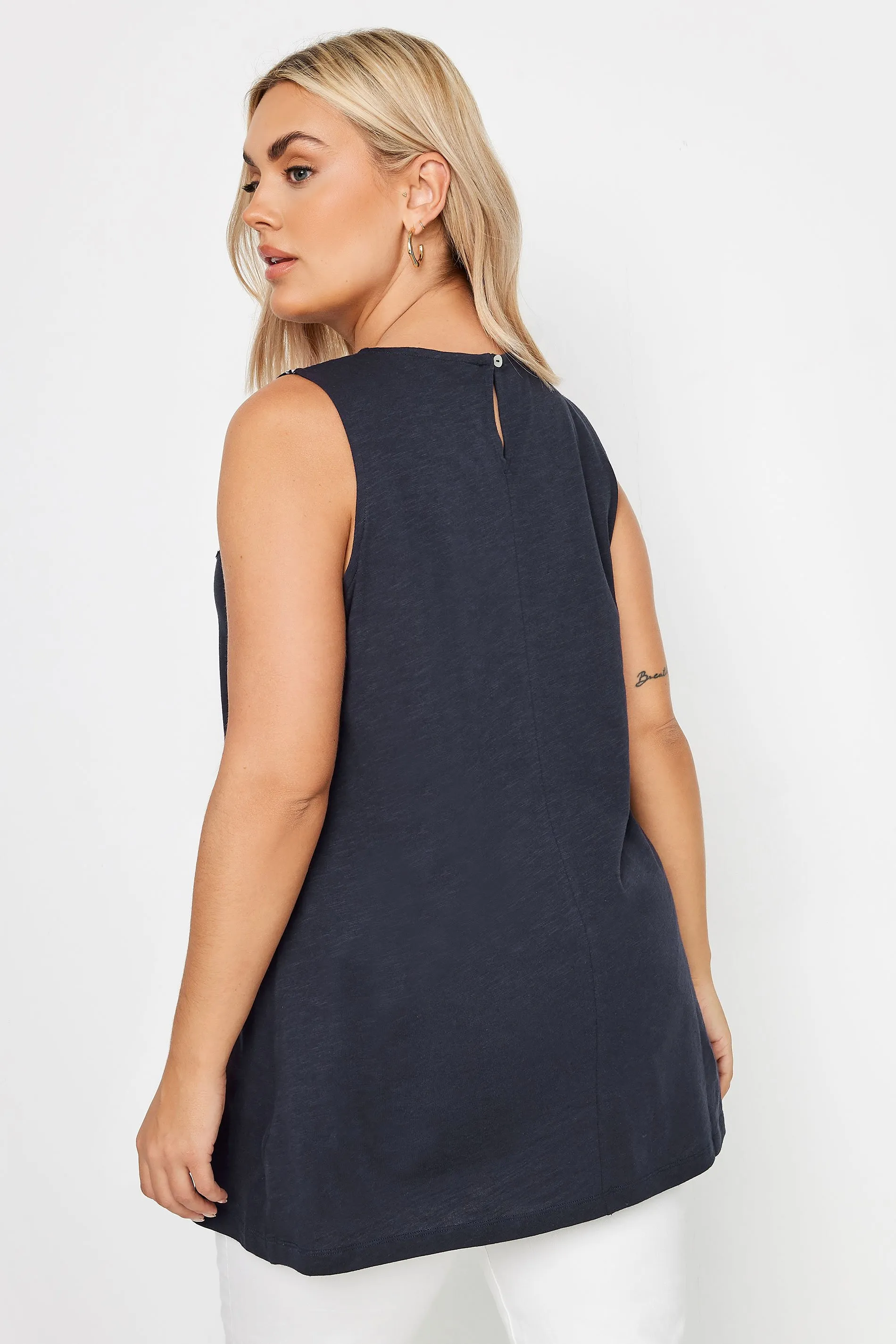 YOURS Curve Navy Blue Broderie Anglaise Detail Vest Top