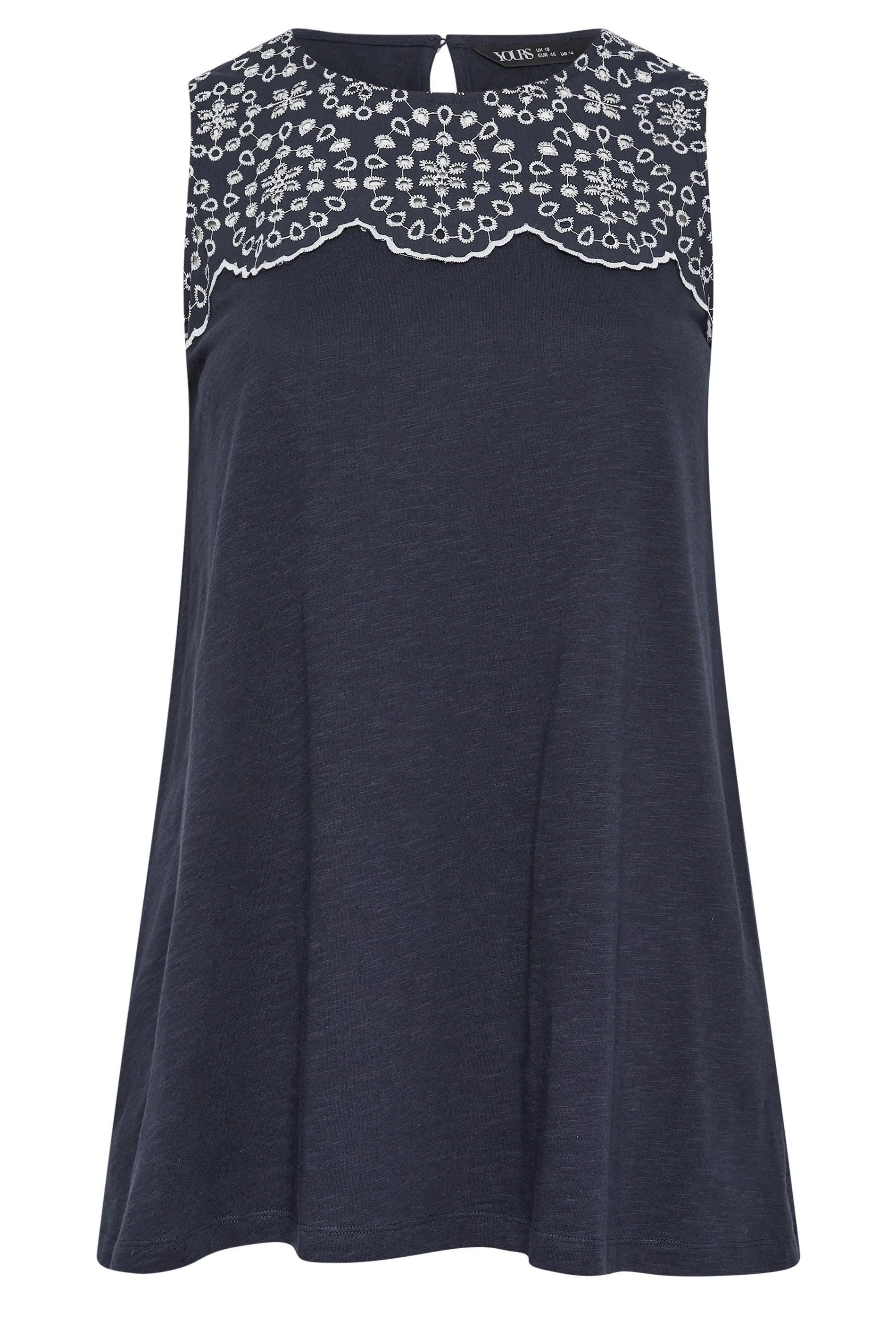 YOURS Curve Navy Blue Broderie Anglaise Detail Vest Top