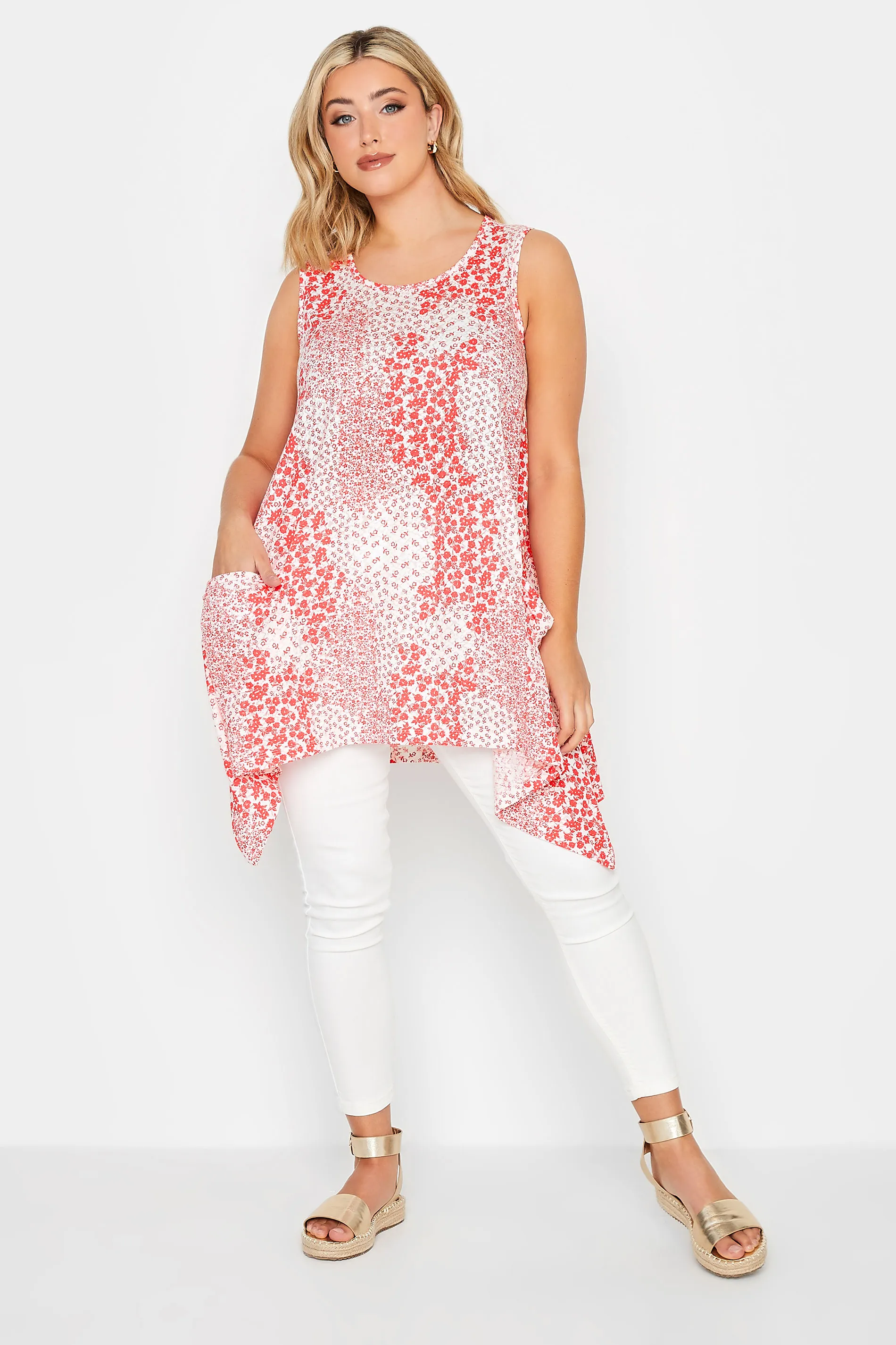 YOURS Curve Red Ditsy Print Hanky Hem Vest Top