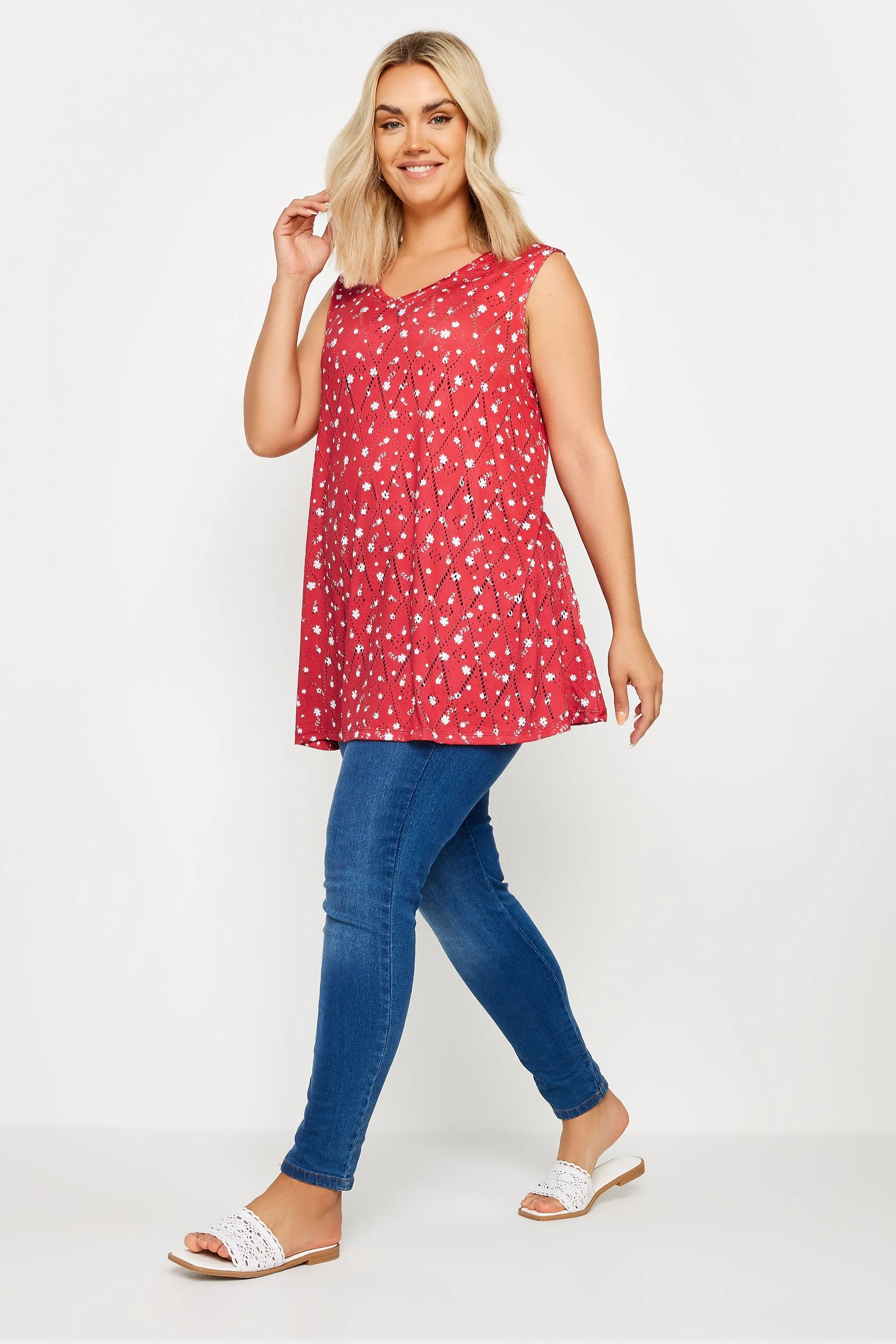 YOURS Curve Red Floral Print Broderie Anglaise Vest Top