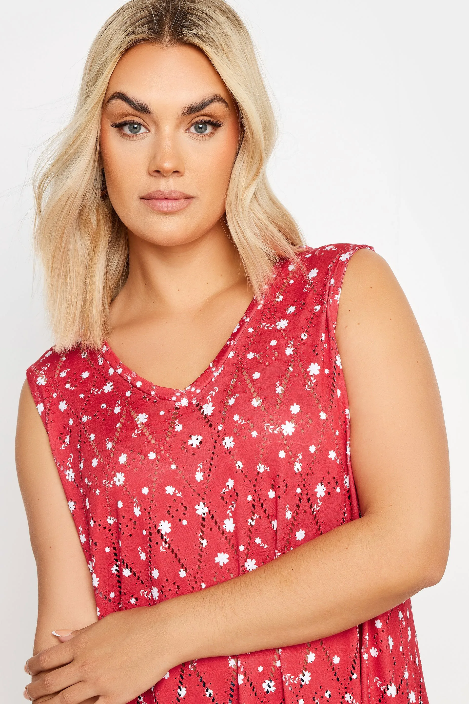 YOURS Curve Red Floral Print Broderie Anglaise Vest Top