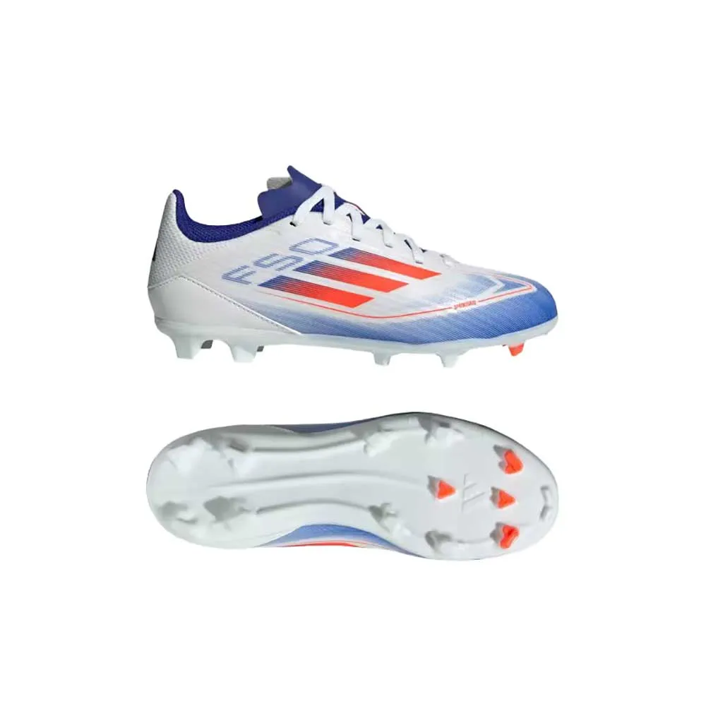 Youth Jr F50 League FG/MG Soccer Cleats - Cloud White / Solar Red / Lucid Blue - Regular (D)